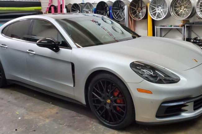 Satin Silver Aluminum-color-change-car-vinyl-wrap-knoxville-tennessee porshe front